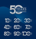 Set of Anniversary logotype silver color with blue background for celebration Royalty Free Stock Photo