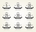 Set of anniversary signs, symbols. Five, ten, twenty, thirty, forty, fifty years jubilee design elements collection. Royalty Free Stock Photo