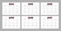 Set of annual calendar template for 2024, 2025, 2026, 2027, 2028 and 2029