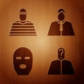 Set Anonymous with question mark, Prisoner, Thief mask and Lawyer, attorney, jurist on wooden background. Vector