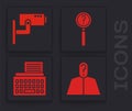 Set Anonymous with question mark, Security camera, Magnifying glass with search and Retro typewriter icon. Vector.