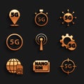 Set Antenna, Nano Sim Card, 5G network, Setting, Globe, and Location icon. Vector Royalty Free Stock Photo