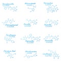 Set of antibiotic chemical formula and composition, concept structural medical drug, isolated on white background, vector