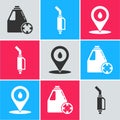 Set Antifreeze canister, Gasoline pump nozzle and Refill petrol fuel location icon. Vector
