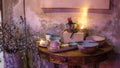 A set of antique cups on a wooden table over a hundred years old with gray walls