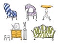 Set of antique furniture objects, line drawing vector art Royalty Free Stock Photo
