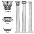 A set of antique Greek historical columns and capitals for them: the Ionic, Doric and Corinthian capitals Royalty Free Stock Photo