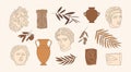 Set of Antique Greek Sculpture, Ancient Vases and Olive Branches in a Minimal Liner Trendy Style. Vector Illustration