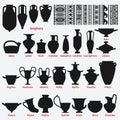 Set of antique Greek vases and border decoration seamless patterns