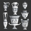 Set of antique Greek white amphoras, vases with patterns, decorations and life scenes. Ancient decorative pots isolated, old clay