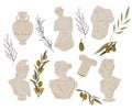 Set of antique marble Greek and Roman sculptures and olive branches, flat vector.
