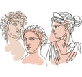 Set of antique marble heads of Greek gods and goddesses drawn in line engraving style.