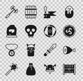 Set Antique treasure chest, Chicken leg, Shield viking, Medieval spear, Skull, Magic rune, poleaxe and icon. Vector