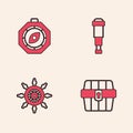 Set Antique treasure chest, Compass, Spyglass telescope lens and Ship steering wheel icon. Vector