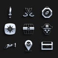 Set Antique treasure chest, Location pirate, Pirate captain, Vintage pistol, Wind rose, Compass and sword icon. Vector