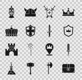 Set Antique treasure chest, Medieval sword, Shield with crown, shield swords, King, iron helmet and Dagger icon. Vector Royalty Free Stock Photo