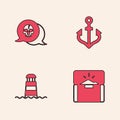 Set Antique treasure chest, Skull, Anchor and Lighthouse icon. Vector
