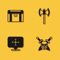Set Antique treasure chest, Skull with sword, Crusade and Medieval poleaxe icon with long shadow. Vector