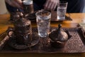 A set of antique Turkish dishes for coffee is on the table Royalty Free Stock Photo