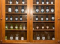 A set of antique utensils with different medicines in a shop window in a pharmacy