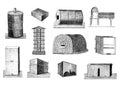 Set of Vintage Vector Drawings or Antique Engraving Illustrations of Various Bee Hives or Beekeeping Tools. Royalty Free Stock Photo