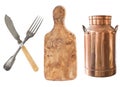 A set of antiques, fork, knife, board and milk can
