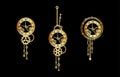 Set of antiques gold clocks with gears, cogwheels and chains on a black background. Steampunk.