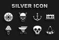 Set Anvil for blacksmithing, King crown, Hunting horn, Skull, Mushroom, Anchor, Shield viking and with helmet icon