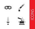 Set Anvil and hammer, Welding glasses, Medieval sword and torch icon. Vector