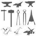 Set of anvils,hammers and design elements for blacksmith labels