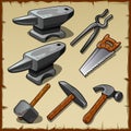 Set of anvils, saws, hammers and other tools