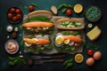 A set of appetizing sandwiches with fish shrimp and herbs. Top view on the table.AI generated