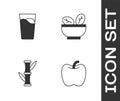 Set Apple, Glass with water, Bamboo and Salad in bowl icon. Vector