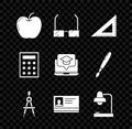 Set Apple, Glasses, Triangular ruler, Drawing compass, Identification badge, Table lamp, Calculator and Graduation cap