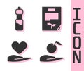Set Apple in hand, Bottle of water, Heart on hand and Leaf document icon. Vector. Royalty Free Stock Photo
