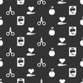 Set Apple, Leaf document, Scissors and Heart on hand on seamless pattern. Vector