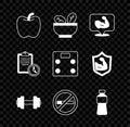 Set Apple, Salad in bowl, Bodybuilder muscle, Dumbbell, No Smoking, Bottle of water, Sport training program and Bathroom