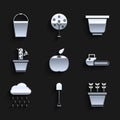 Set Apple, Shovel, Plants in pot, Chainsaw, Cloud with rain, Cactus and succulent, Flower and Bucket icon. Vector Royalty Free Stock Photo