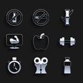 Set Apple, Women waist, Bottle of water, Dumbbell, Stopwatch, Bodybuilder muscle, Bamboo and No alcohol icon. Vector