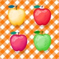 Set of apples of different colors. Vector illustration on checkered orange seamless pattern background.