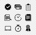 Set Approved and check mark, Credit card, Clipboard with checklist, Laptop, Stopwatch and Medal star icon. Vector