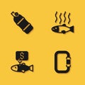 Set Aqualung, Carabiner, Price tag for fish and Dead icon with long shadow. Vector