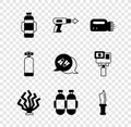 Set Aqualung, Fishing harpoon, Flashlight for diver, Coral, Diving knife, and Flippers swimming icon. Vector