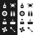 Set Aqualung, Wind rose, Rum bottle, Crab, Sailor captain, Floating buoy, Dead fish and Boat propeller icon. Vector