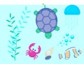 Set aquatic funny sea animals underwater creatures cartoon characters shell aquarium sealife vector illustration. Royalty Free Stock Photo