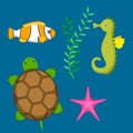 Set aquatic funny sea animals underwater creatures cartoon characters shell aquarium sealife vector illustration. Royalty Free Stock Photo