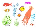 Set aquatic funny sea animals underwater creatures cartoon characters shell aquarium sealife vector illustration. Royalty Free Stock Photo