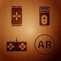 Set Ar, augmented reality, Smartphone and playing in game, Gamepad and Computer on wooden background. Vector