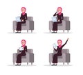 Set of Arab business woman using smart device on sofa. Royalty Free Stock Photo