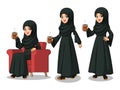 Set of Arab businesswoman in black dress making a break with drinking a coffee